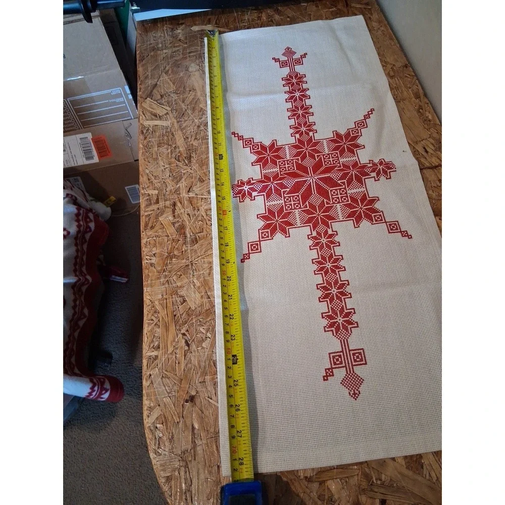 Vtg. Handmade Red and White Cross Stitch Snowflake Pattern Textile Table Runner